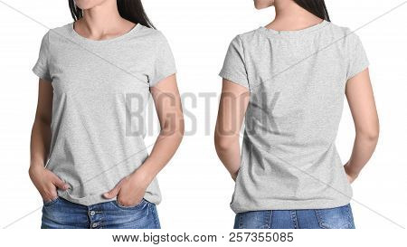 Front And Back Views Of Young Woman In Grey T-shirt On White Background. Mockup For Design