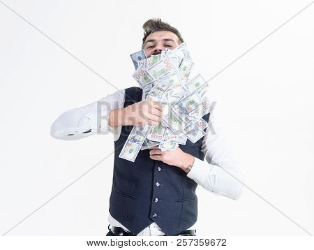 Bribe&corruption Concept. Dealing In Illegal. Bearded Businessman Hiding Money In Waistcoat. Concept