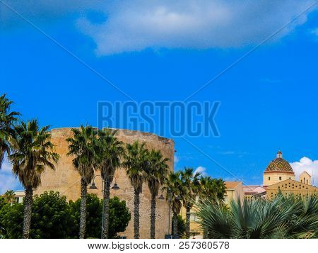 Colorful Dome Of Alghero Cathedral And The Royal Spur Tower, Sulis Tower Alghero, Sardinia, Italy