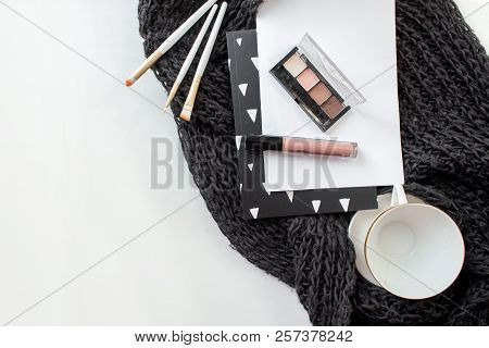 Top View Working Space With Laptop, Cup Of Coffee And Cosmatics For Beauty And Fashion Designer, Mar