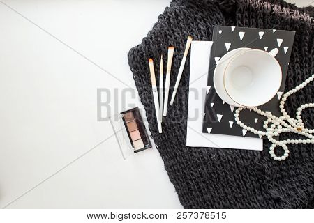 Top View Working Space With Laptop, Cup Of Coffee And Cosmatics For Beauty And Fashion Designer, Mar