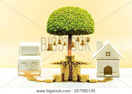 Home And Car And Stack Coin With Money Bag Of Tree With Growing For Collect Interest, Saving Money F