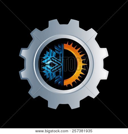 Gear Hot And Cold Round Sign Logo. Temperature Balance Icon. Sun And Snowflake Line Style Symbols Wi