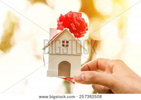 Woman Hand Holding A Home Model Tied With Red Ribbon In The Public Park, Buying A New Real Estate As