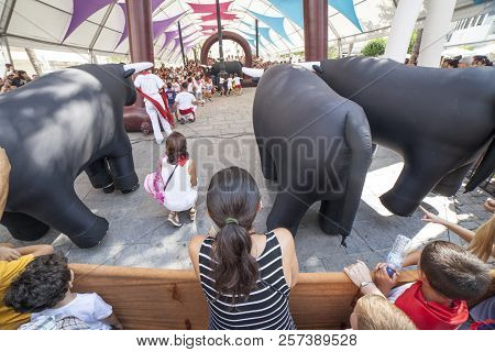 Montijo, Spain - September The 7th, 2018: Running Of The Bulls For Children. Party For Children With