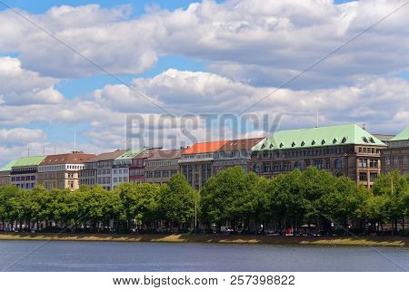 Hamburg, Germany - 30 June, 2018: Colorful Roofs Of Buildings On Ballindamm, Jungfernstieg Against B