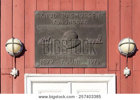 Ilulissat, Greenland - July 01, 2018: A Monumental Sign For Polar Explorer Knud Rasmussen