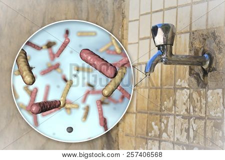 Safety Of Drinking Water Concept, 3d Illustration Showing Bacteria Contaminated Drinking Water