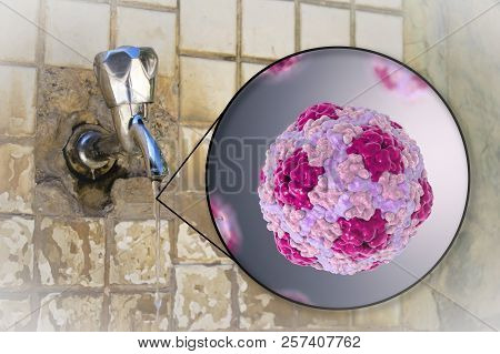 Safety Of Drinking Water Concept, 3d Illustration Showing Hepatitis A Viruses Contaminating Drinking