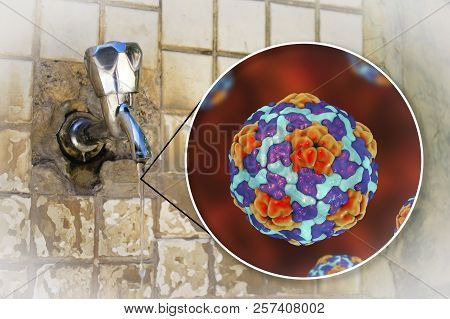 Safety Of Drinking Water Concept, 3d Illustration Showing Hepatitis A Viruses Contaminating Drinking