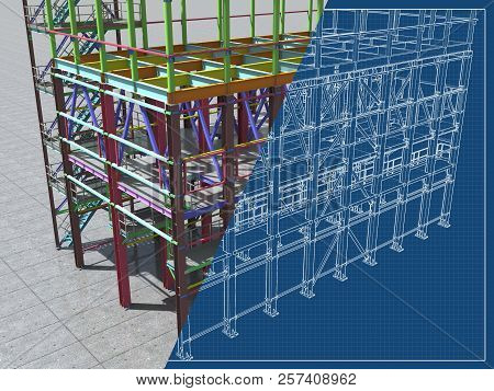 3D Rendering. Bim Model Of A Building Made Of Metal Structure. 3D Architectural, Construction, Indus