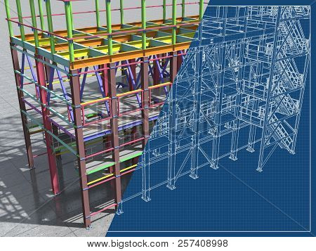 3D Rendering. Bim Model Of A Building Made Of Metal Structure. 3D Architectural, Construction, Indus
