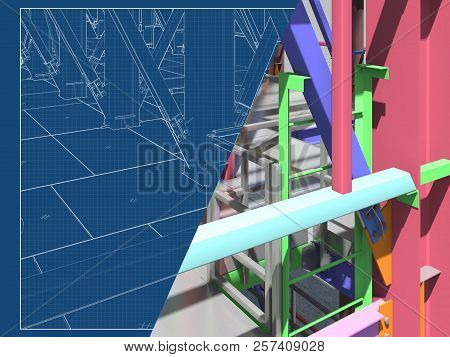3D Rendering. Bim Model Of A Building Made Of Metal Structure. 3D Architectural, Construction, Indus