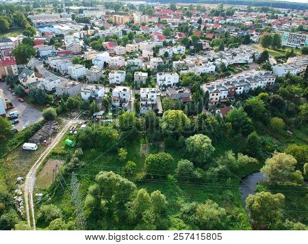 KOSZALIN, POLAND - 10 AUGUST 2018 - Aerial view on city Koszalin, area of Jantarowa street with houses and park