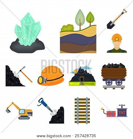 Mining Industry Cartoon Icons In Set Collection For Design. Equipment And Tools Vector Symbol Stock 