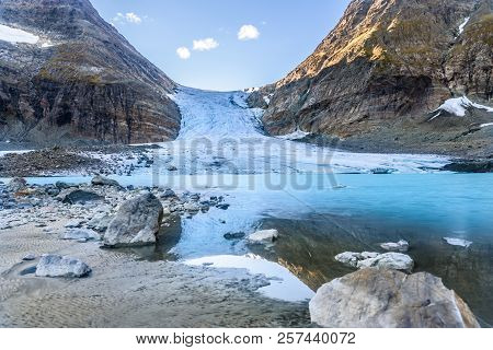Melting Steindalsbreen Glacier In North Norway In The Lyngen Alps Near The Tromso City - Tourist Att