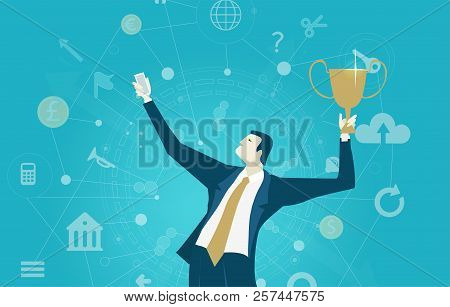 Businessmen Making Selfie On The Phone With Trophy. Seccsess And Share Information