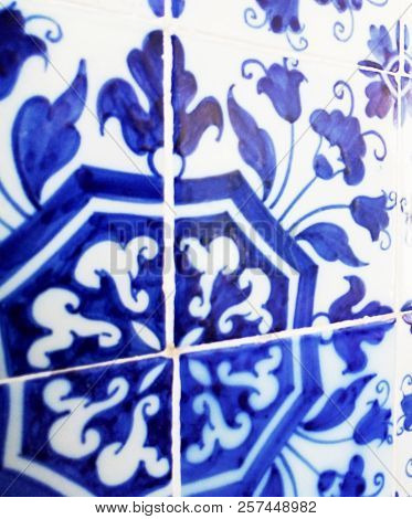 Mosaic Tiles, Portugal Azulejo Classic And Traditional. Blue Patterned Wall, Medieval Ceramics Tile,