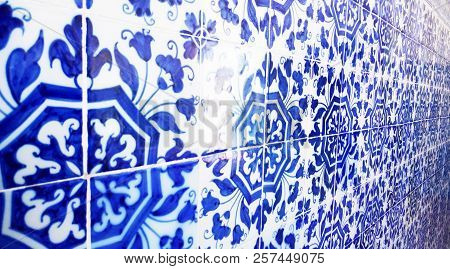 Mosaic Tiles, Portugal Azulejo Classic And Traditional. Blue Patterned Wall, Medieval Ceramics Tile,