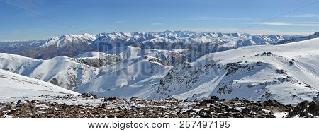 Panorama Looking South West From The Top Of Mount Hutt Ski Field, Canterbury, New Zealand