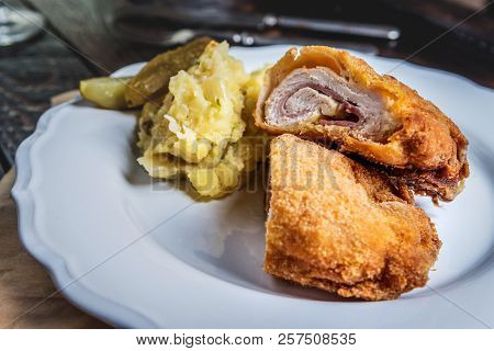 Traditional French Cuisine Chicken Roll Cordon Bleu Or Gordon Blue With Cheese, Ham And Mashed Potat