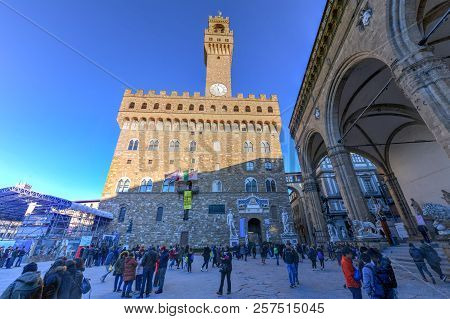 Florence, Italy - March 22, 2018: Arnolfo Tower In Palazzo Vecchio In Florence, Italy