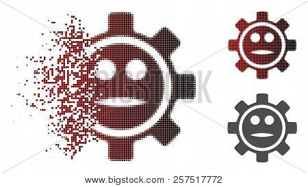 Options Gear Neutral Smiley Icon In Dissolved, Pixelated Halftone And Undamaged Whole Variants. Piec