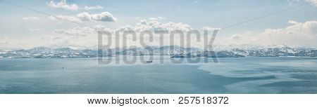 Panorama Of Avacha Bay Covered With Thin Ice In Petropavlovsk-kamchatsky And View Of Snow-covered Hi