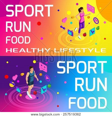 Isometry Bright Colorful Banners On The Theme Of Sport, Healthy Eating, Healthy Lifestyle. Running, 