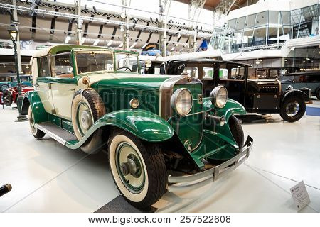 Brussels, Belgium - August 25, 2015 - Autoworld Museum, Old Cars Collection Showing The History Of A