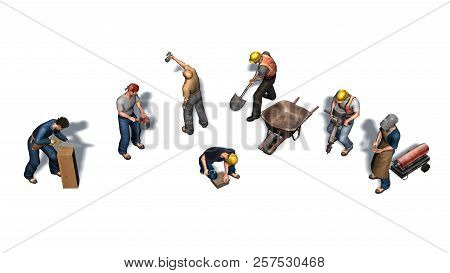 Different Workers With Their Tools - Isolated On White Background - Top View - 3d Rendering