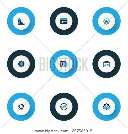 Ramadan Icons Colored Set With Kaaba, Rub El Hizb, Eid Mubarak And Other Restricted Elements. Isolat