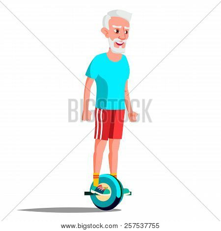 Old Man On Hoverboard Vector. Riding On Gyro Scooter. One-wheel Electric Self-balancing Scooter. Pos