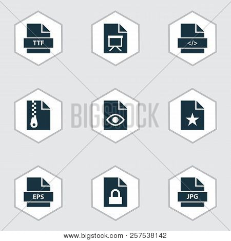 Types Icons Set With Organize, Folio, Code And Other Special Elements. Isolated Vector Illustration 