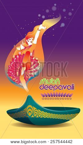 Vector For Deepavali Or Diwali, With A Dancing Woman, Oil Lamp And Deepavali Greetings.