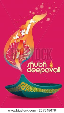 Vector For Deepavali Or Diwali, With A Dancing Woman, Oil Lamp And Deepavali Greetings.