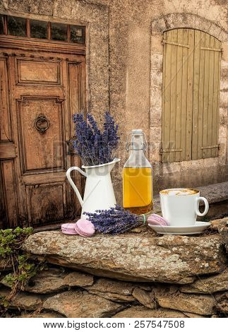 Still Life With Lavender Flower And Cup Of Coffee In Provence, France