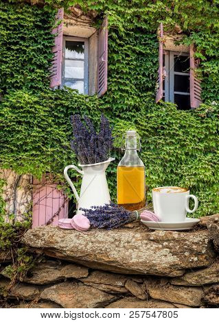 Still Life With Lavender Flower And Cup Of Coffee In Provence, France