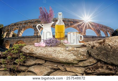 Still Life With Lavender Flower And Cup Of Coffee In Provence, France