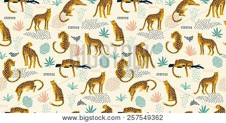 Vestor Seamless Pattern With Leopards And Tropical Leaves.