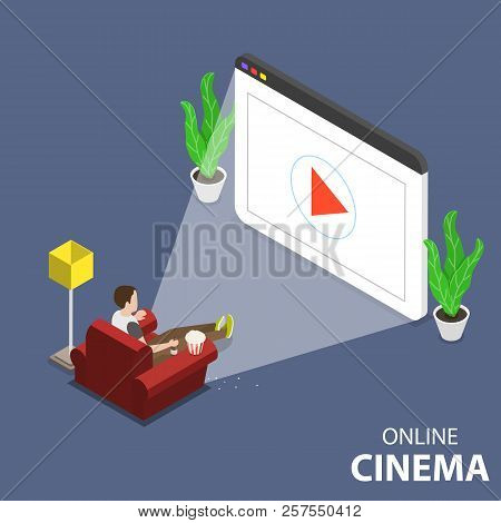 Online Home Movie Theatre Flat Isometric Vector Concept.