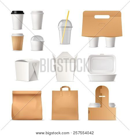 Realistic Set Of Takeout Fast Food Package Made Of Paper And Plastic Isolated Vector Illustration