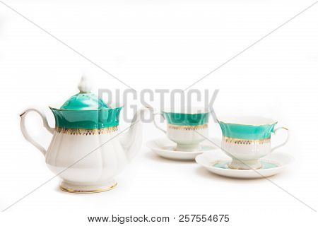 Set Of Dishes On White Background. Cups And Kettle. Indian Set.