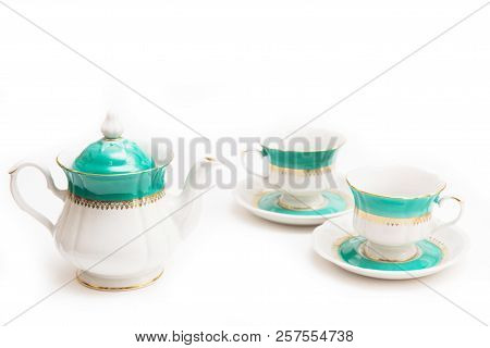 Set Of Dishes On White Background. Cups And Kettle. Indian Set.