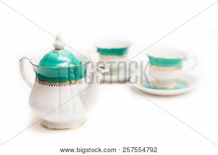 Set Of Dishes On White Background. Cups And Kettle. Indian Set.