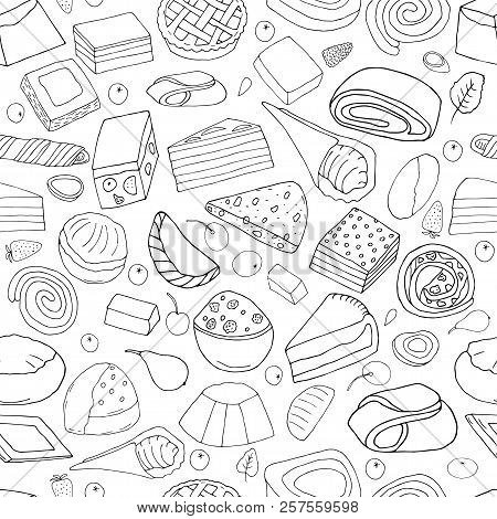 Seamless Pattern From  Set Of Desserts.cakes, Sweet Rolls And Pies, Biscuits And Berries.hand Drawn 