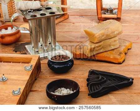 Old Fashioned Household Items In Markitant Tent, Set For Candle And Soap Making. Historical Reconstr