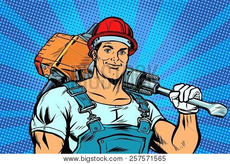 Worker With A Jackhammer. Pop Art Retro Vector Illustration Vintage Kitsch
