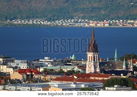 Jonkoping Town Skyline With Lake Vattern In Sweden. Smaland Province.