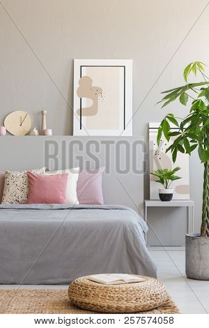 Pouf And Plant Next To Grey Bed With Pink Cushions In Bedroom Interior With Poster. Real Photo